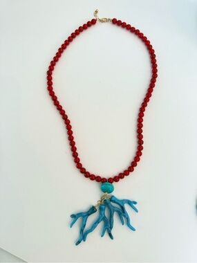 Faux Turquoise and Coral Round Bead Necklace